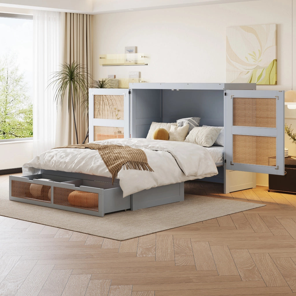 OKWISH Letto a scomparsa 140×200 cm, Letto Matrimoniale con 2 Cassetti, Ante Stile Rattan e Apertura 270°, senza Materasso, Grigio