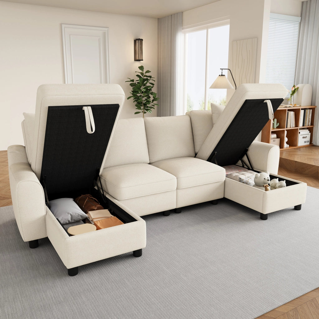 Divano modulare a U con contenitore e 2 cuscini - in chenille beige - 280 × 137 × 84 cm