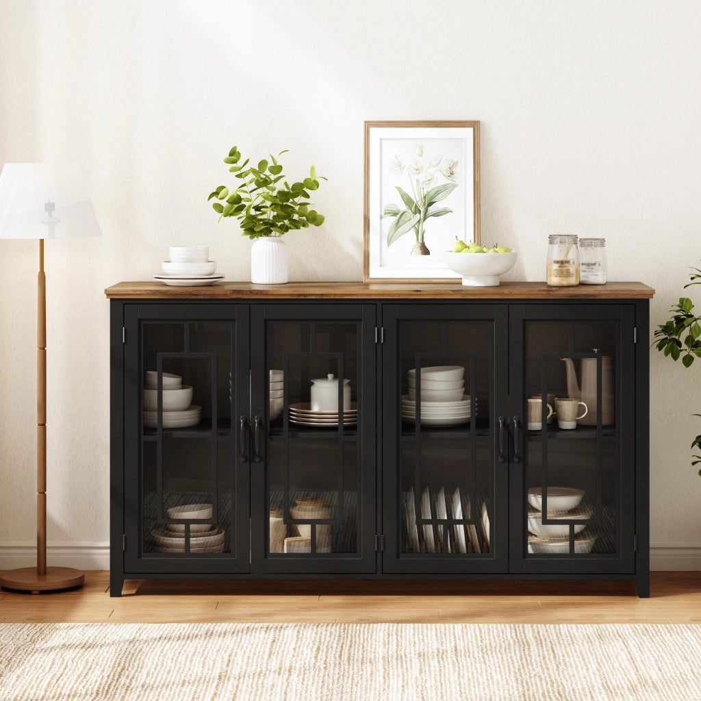 Credenza e madia con ante in vetro e 2 vani, piano effetto legno, per cucina e soggiorno, nero 160 × 40 × 86 cm