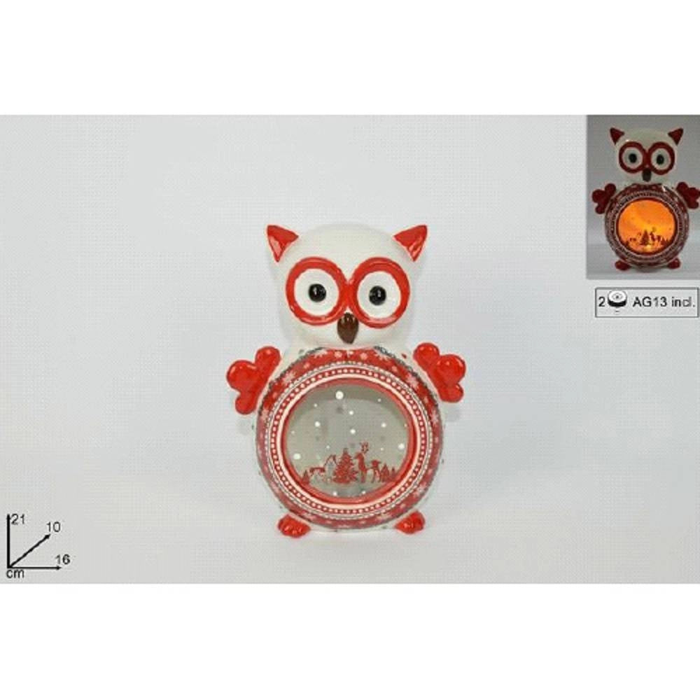 Trade Shop - Lanterna Ceramica Gufo Con Candela Elettrica 21 Cm Decorazioni Natalizie -