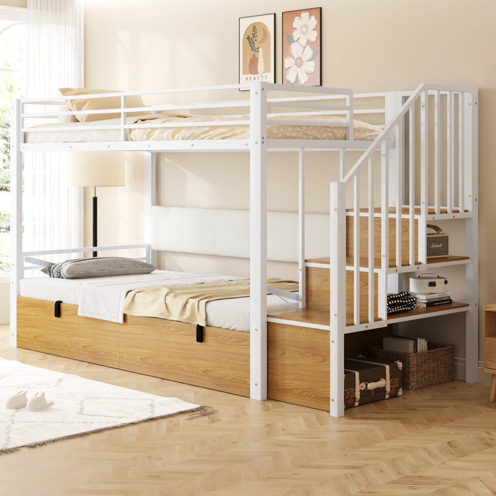 LETTO a castello 90x200 cm bianco in MDF e metallo con scala contenitore