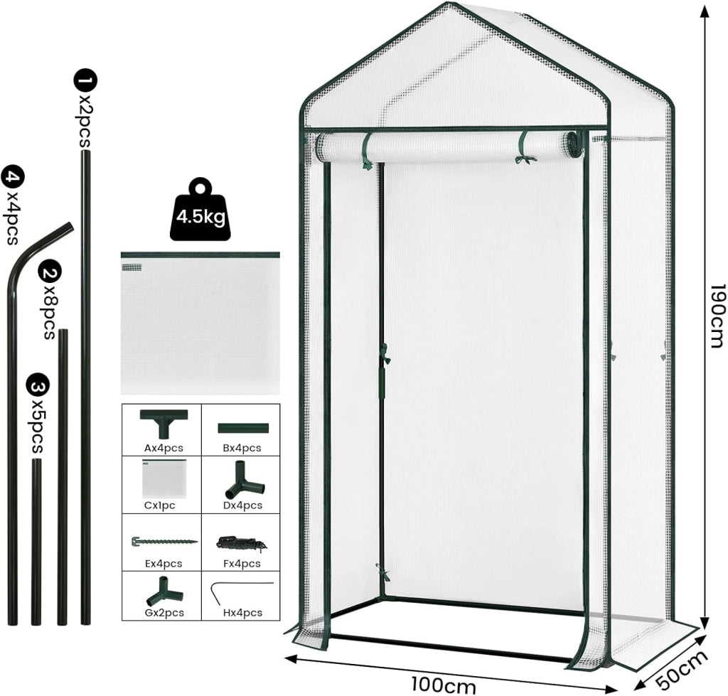 Serra da Giardino con Porte Avvolgibili, Serra da Balcone, Telo in Rete PE 140 g/m², per Piante Idrorepellente, 4 Picchetti, 100x50x190 cm, Bianco