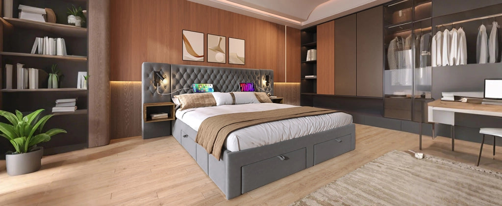 Letto matrimoniale 180 × 200 cm con 2 comodini, 4 cassetti, lampada da lettura e USB, senza materasso, velluto grigio