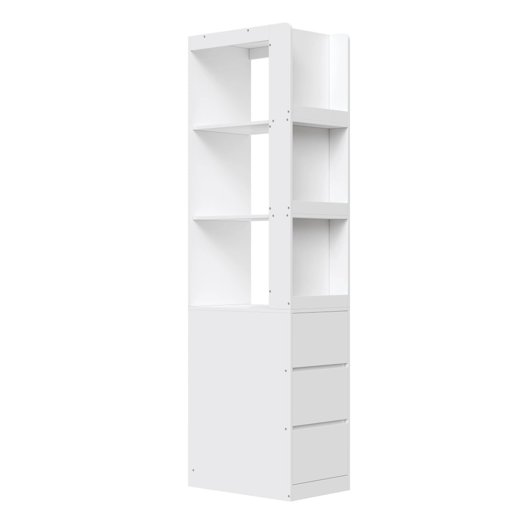 Libreria stretta alta 200 cm con 3 ripiani aperti e 3 cassetti, bianca, struttura in truciolare