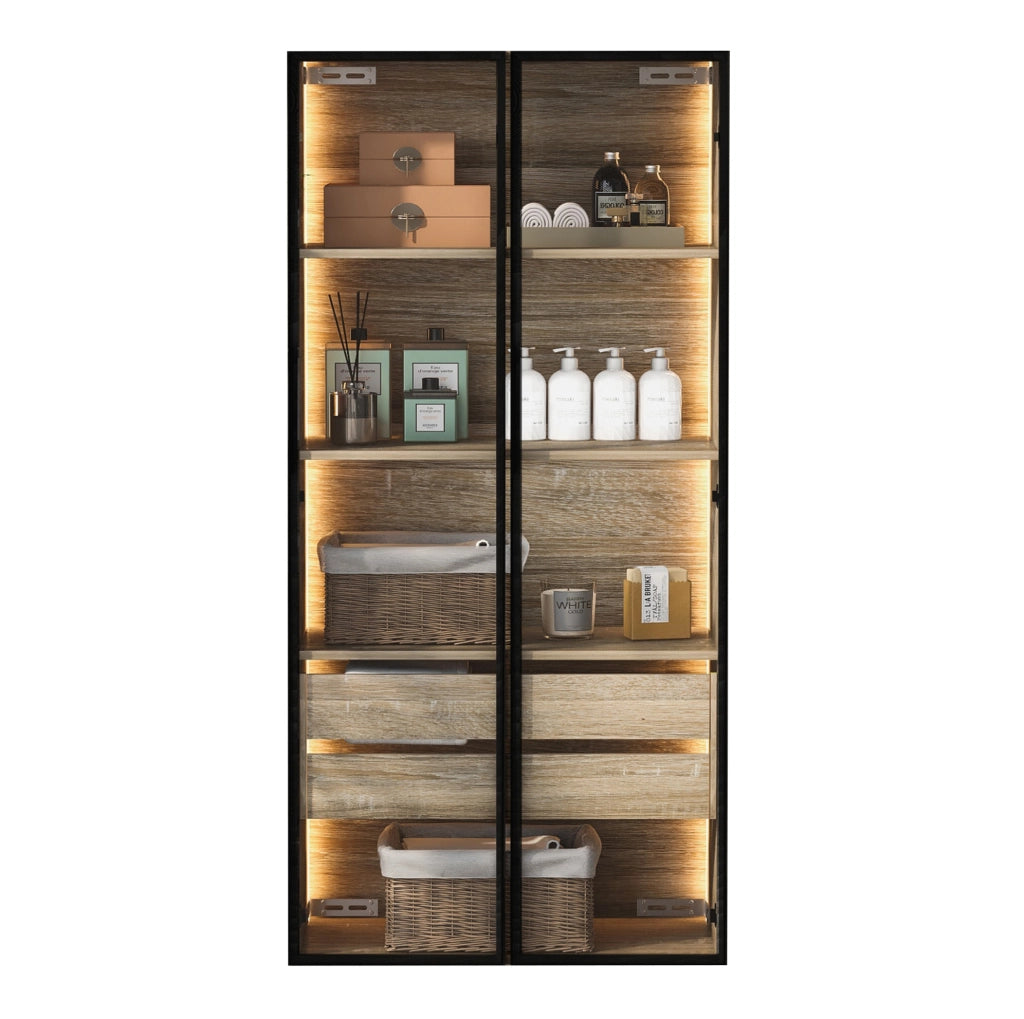 Mobile contenitore multifunzione con LED integrato; 73 cm; in MDF naturale e vetro satinato