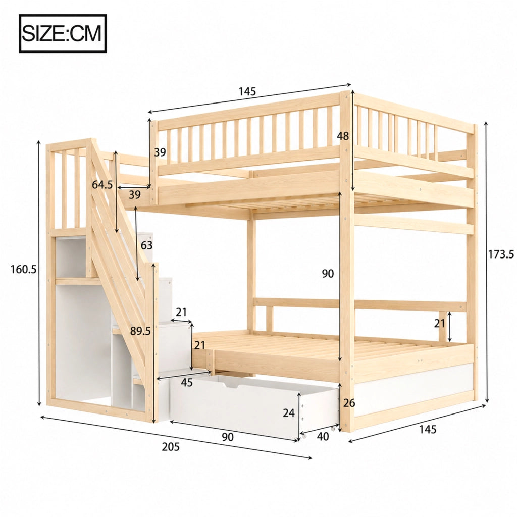 LETTO a castello 140x200 cm in legno con scala contenitore e cassetti