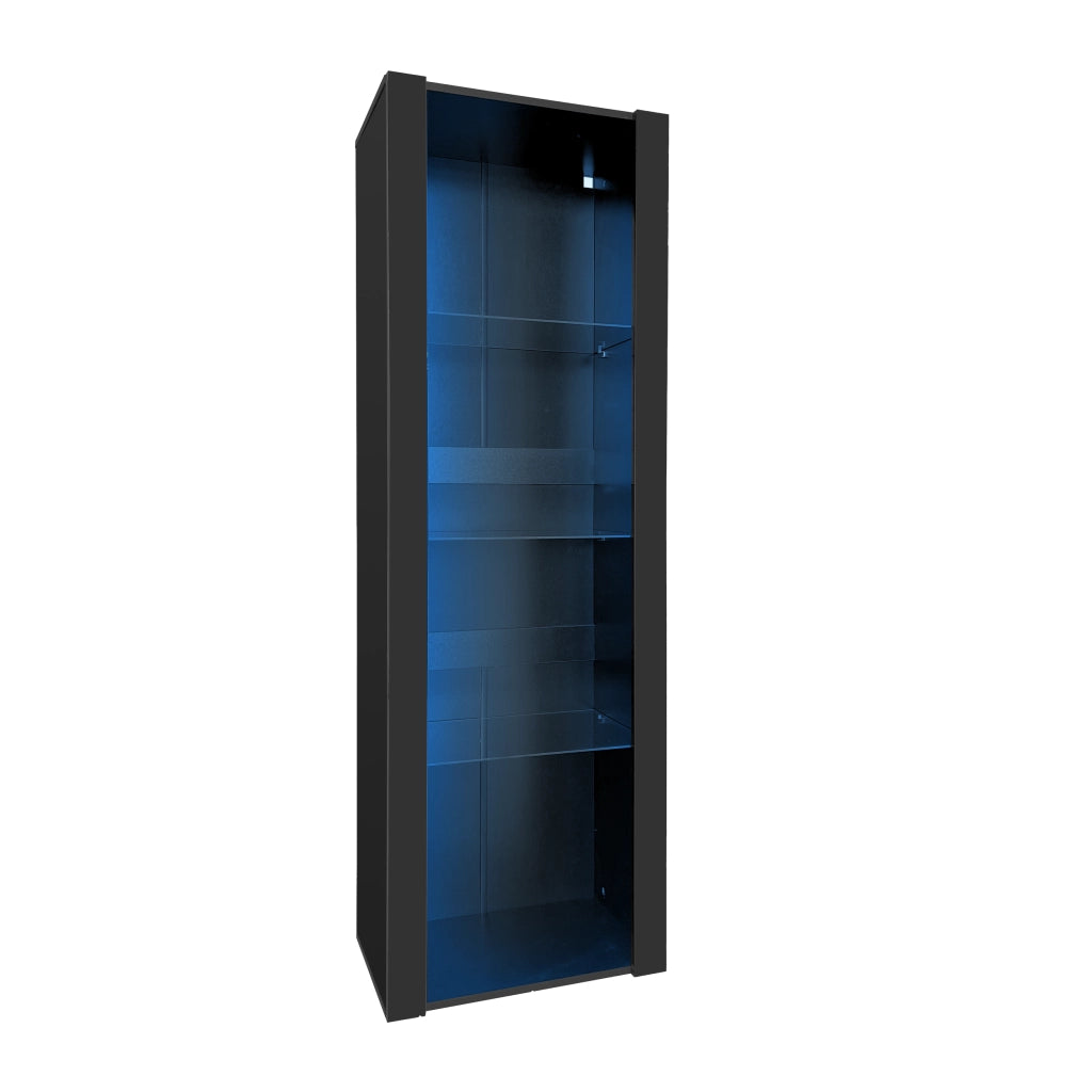 Vetrina con LED e 3 ripiani in vetro, pannelli frontali lucidi, per soggiorno, in truciolato, nero, 55 × 38 × 166 cm