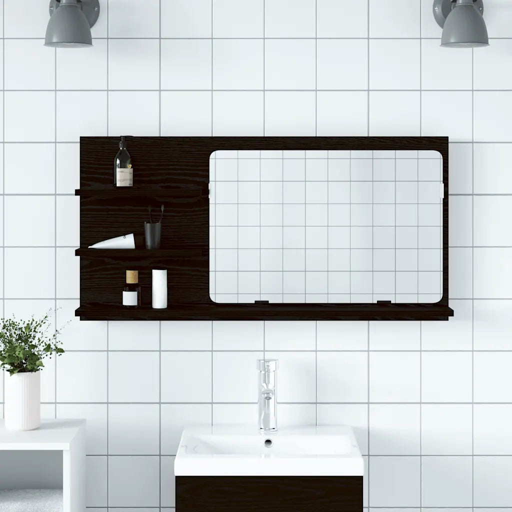 Mobiletto con Specchio per Bagno Rovere Nero 90x11x45 cm in Legno Massello 862029