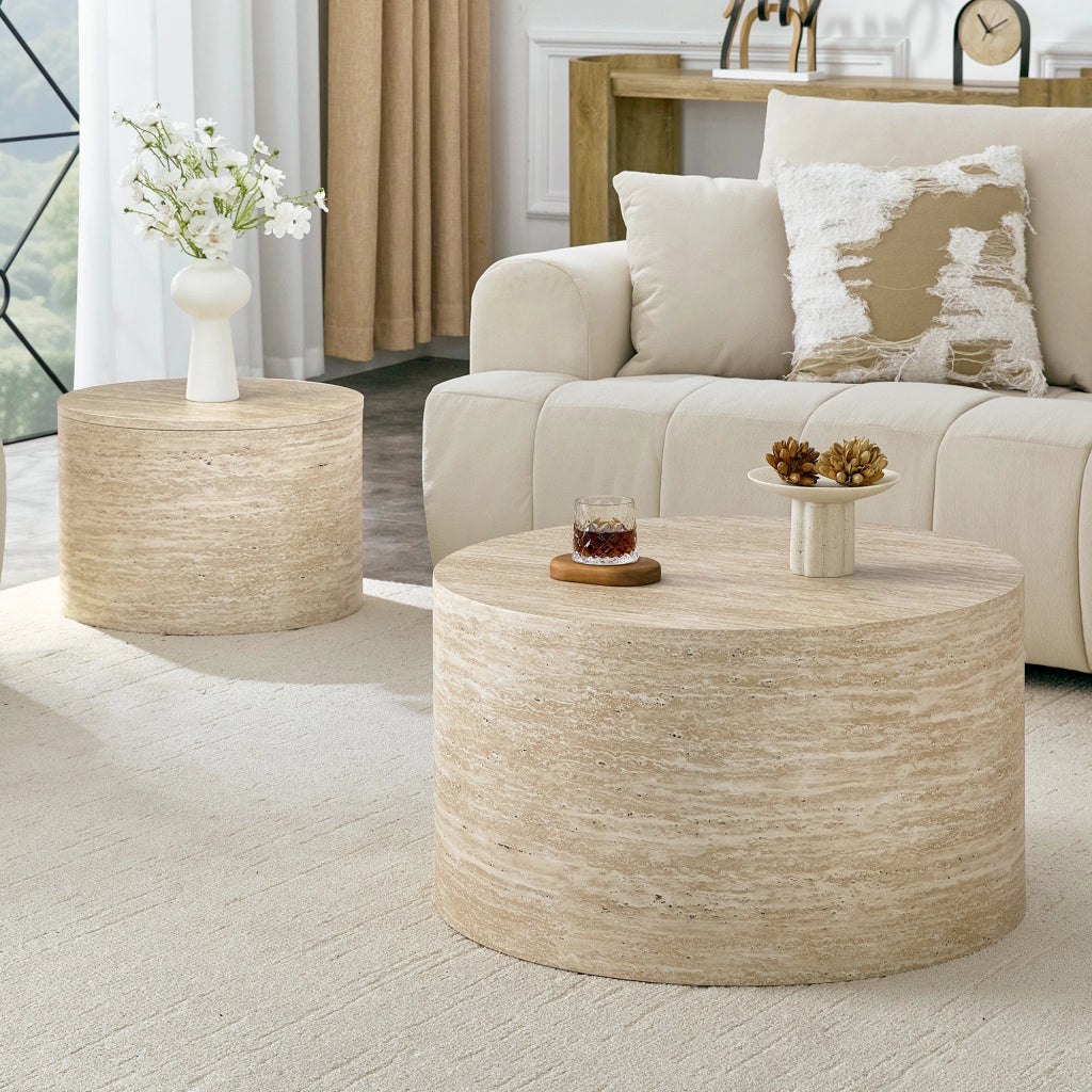 Set di 2 tavolini rotondi impilabili con spazio contenitore, effetto legno, MDF, per salotto