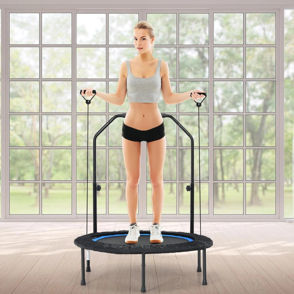 Tappeto Elastico 2 in 1 Ø101 cm, Trampolino Elastico Fitness da Interno e Esterno con Manico Regolabile in Altezza e 2 Fasce di Resistenza, Mini Trampolino Pieghevole fino a 150 kg, Nero+Blu
