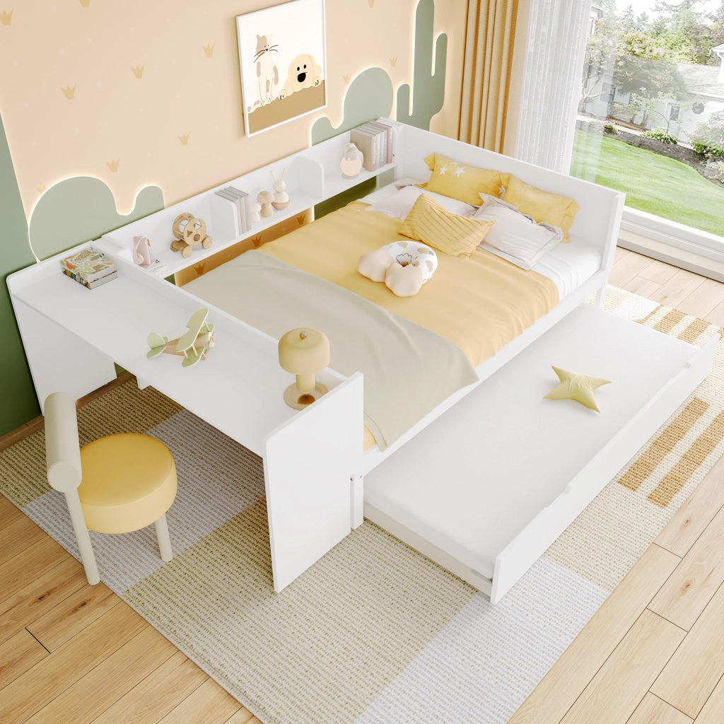 DESMIU Letto Matrimoniale con Letto Estraibile 140 × 200 cm, Scrivania, 3 Scaffali e Comodino, senza materasso
