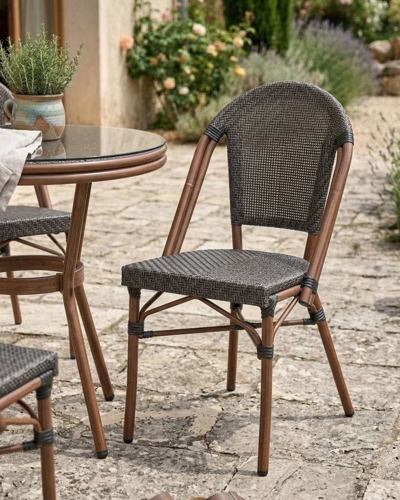 Set di 4 sedie da giardino in rattan PE grigio con seduta in vimini e struttura in alluminio per interni ed esterni