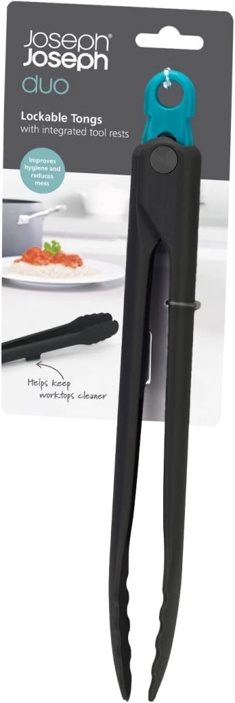 Joseph Joseph Duo Pinze da cucina con sistema di bloccaggio, resistente al calore e con poggiautensili integrato, Nero/Blu