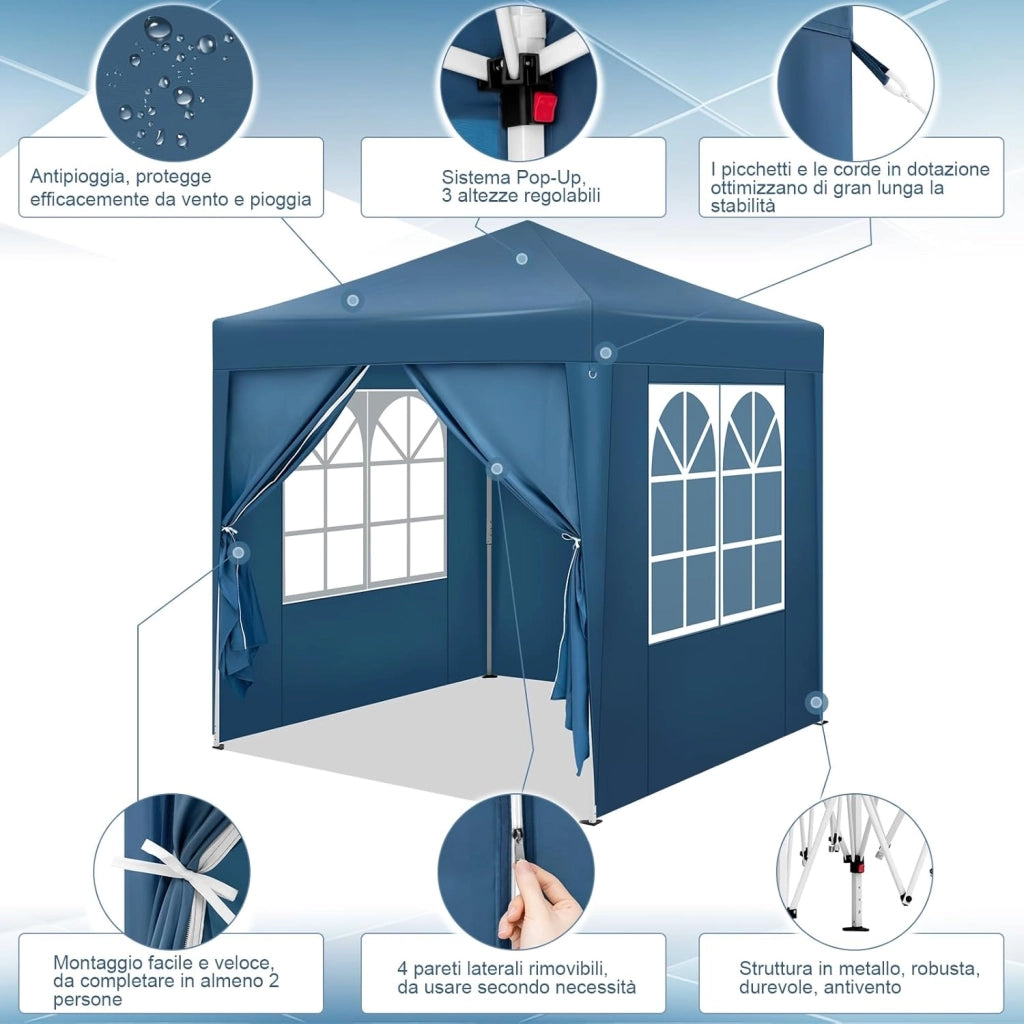 Gazebo Pieghevole da Giardino, Gazebo Impermeabile Pop Up da 2x2m con Pannelli Laterali, Tendone Esterno, Altezza Regolabile, Protezione UV, con Custodia, Blu