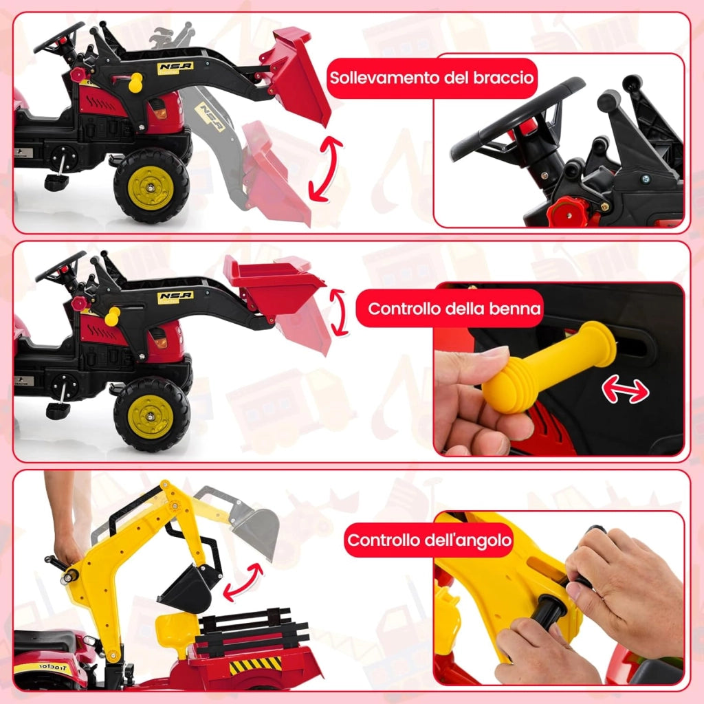 3 in 1 Escavatore per Bambini, Trattore con Rimorchio Staccabile Cavalcabile per Bambini, con 6 Ruote e 2 Benne, per 3-6 Anni (Rosso)