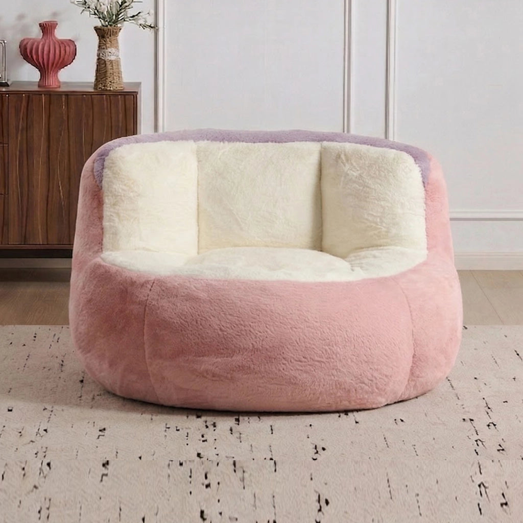 Poltrona pouf con imbottitura in schiuma sminuzzata, maniglia e base antiscivolo, in pelliccia sintetica multicolore
