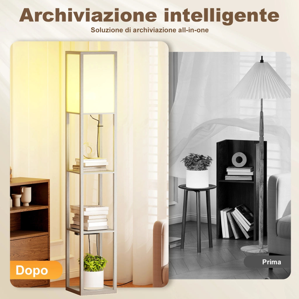 Lampada da Terra con Ripiani, Luce Regolabile, Interruttore a Pedale e Porte USB, Bianco e Rovere