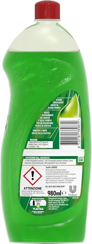 SVELTO SAPONE PER PIATTI INGREDIENTI BIODEGRADABILI AZIONE SGRASSANTE AGISCE RAPIDAMENTE FRAGRANZA AL LIMONE 980 ML