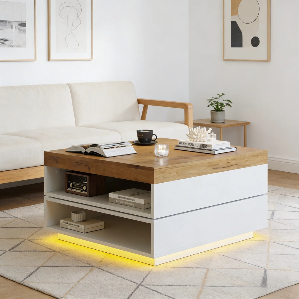 Tavolino da Caff¨¨ con LED Rotante 360¡ã ¨C MINIMAL ¨C Bianco/Legno 65x65x40