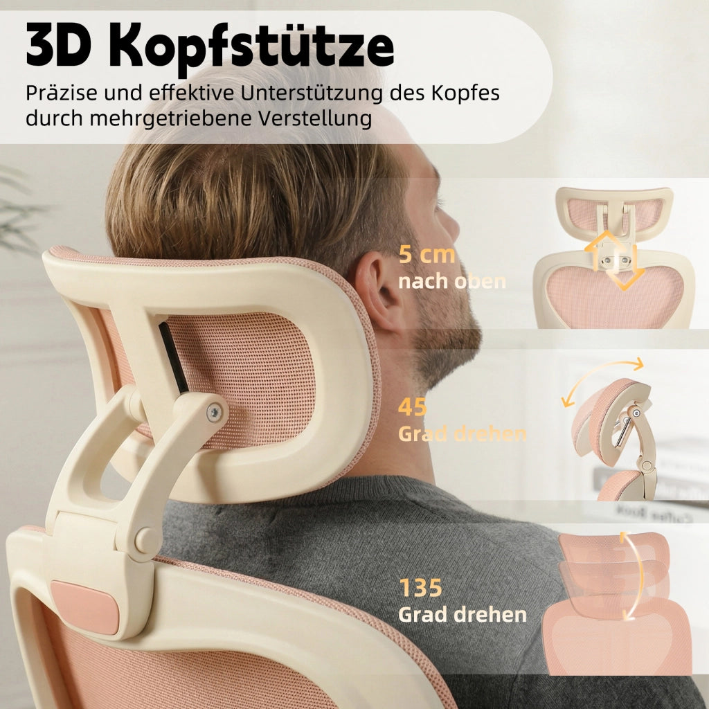 Sedia da ufficio pieghevole ergonomica in rete con poggiatesta 3D e supporto lombare regolabile rosa