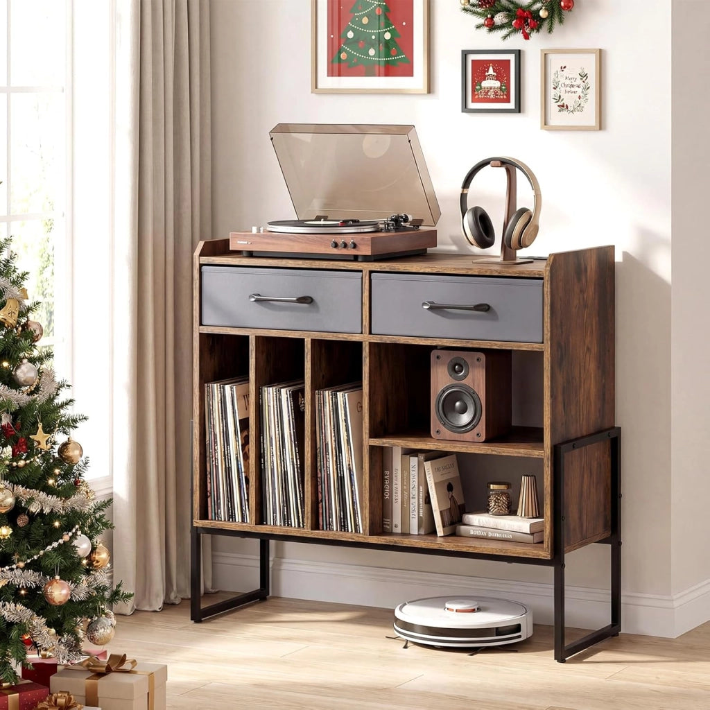 Supporto per Giradischi in Vinile, Mobile per Giradischi con Stazione di Ricarica, 2 Cassetti Rimovibili in Tessuto e Ripiano Regolabile, Supporto Porta Dischi Vinile per Soggiorno, Studio