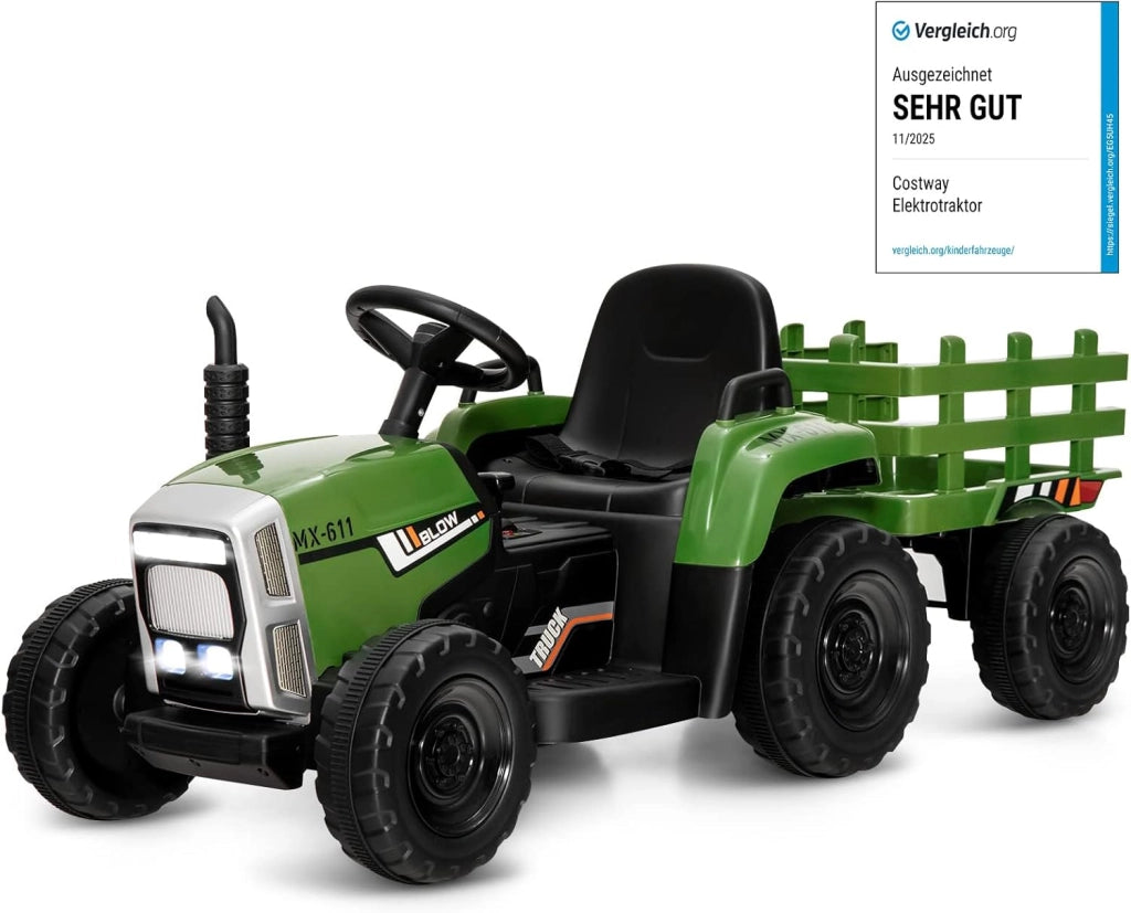 Trattore con Rimorchio Cavalcabile per Bambini 12V, Trattore Elettrico Telecomandato, con Luci e Suoni, 30kg, 3+ Anni (Verde Scuro)