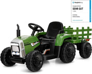 Trattore con Rimorchio Cavalcabile per Bambini 12V, Trattore Elettrico Telecomandato, con Luci e Suoni, 30kg, 3+ Anni (Verde Scuro)