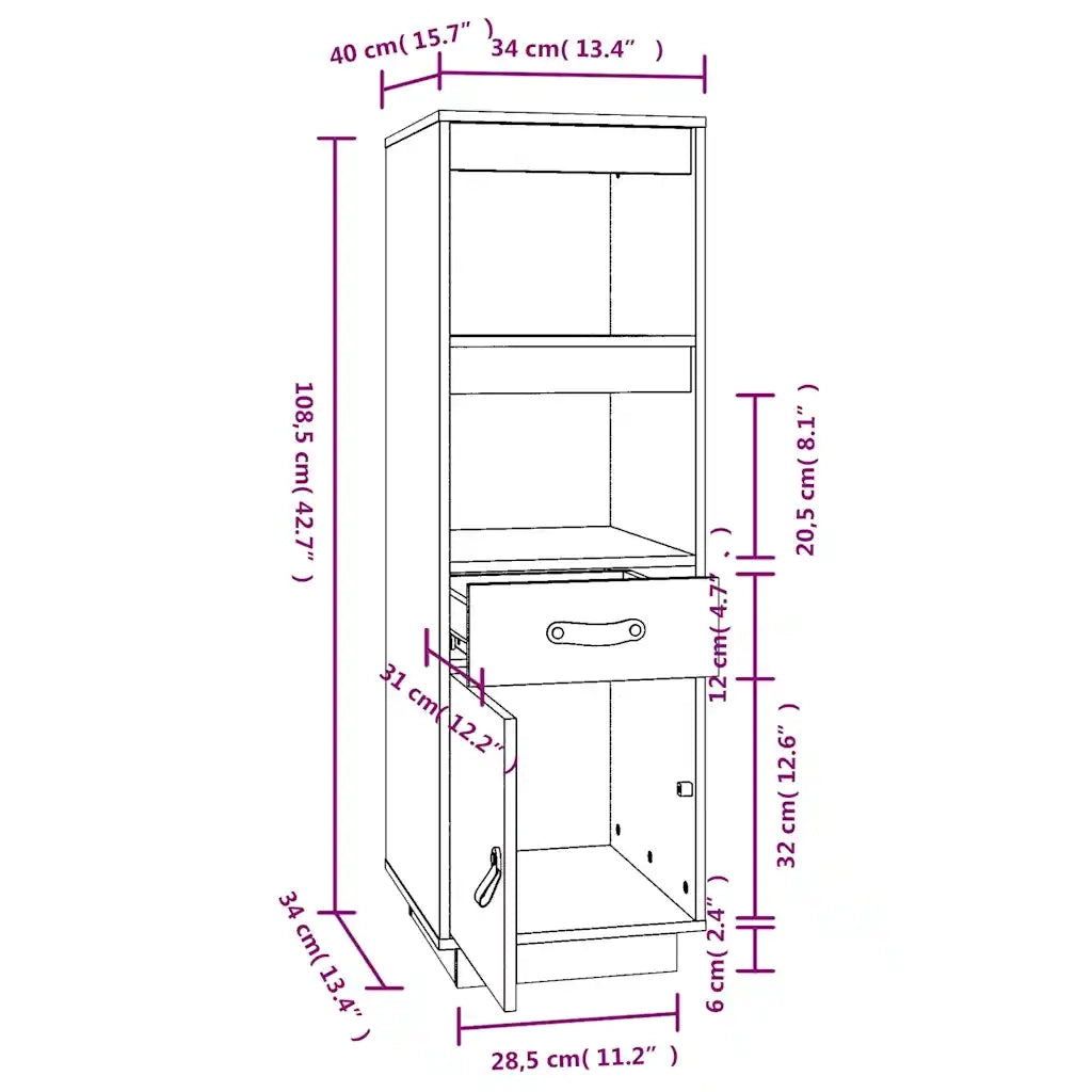 Credenza | Madia | Buffet da pranzo | Armadio da pranzo Nera 34x40x108,5 cm in Legno Massello di Pino