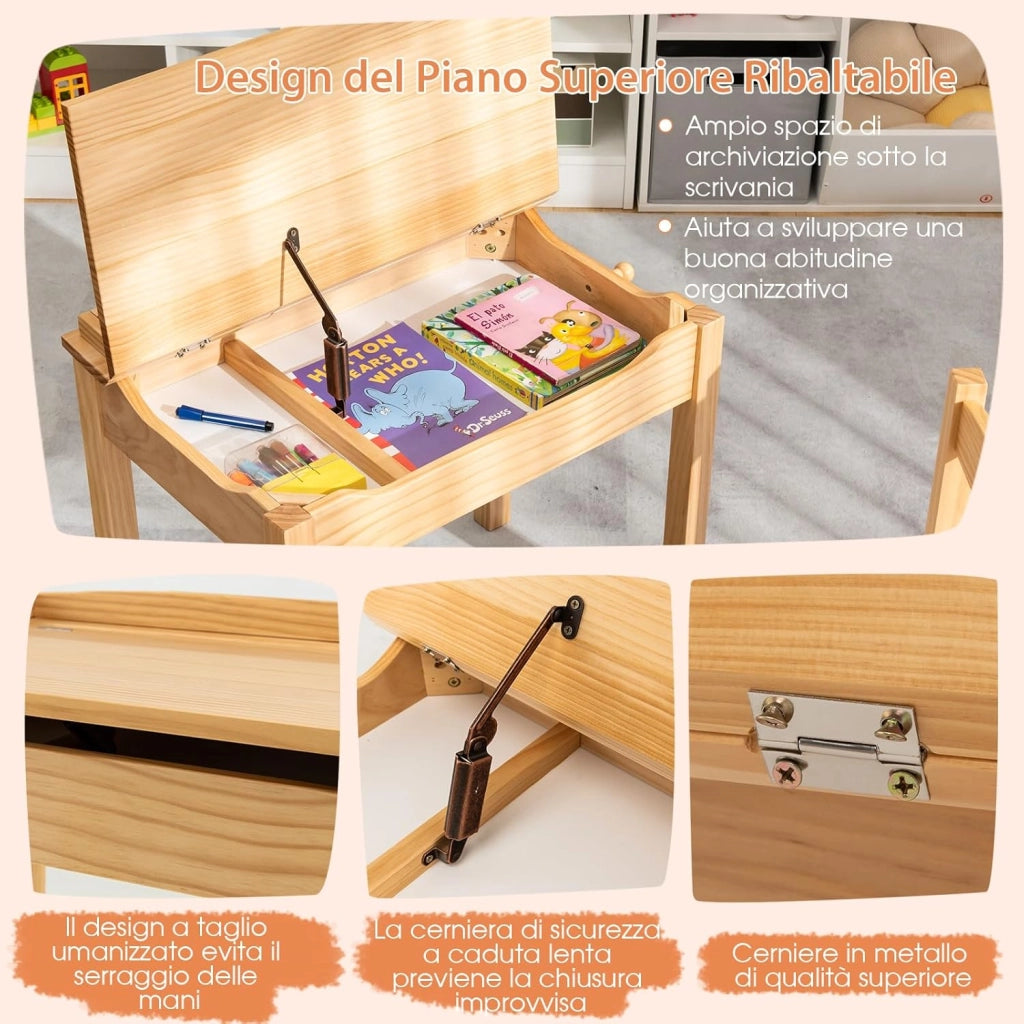 Set Tavolo e Sedia per Bambini 3+ Anni, Scrivania Ribaltabile in Legno di Pino con Cassetto Estraibile, Gancio e Cerniera Sicura a Chiusura Lenta, Ideale per Studio e Disegno (Naturale)