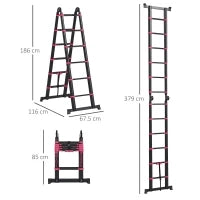 Scala Telescopica Pieghevole a 12 Gradini, in Alluminio e Nylon, 379x67.5x11 cm, Nera e Rossa
