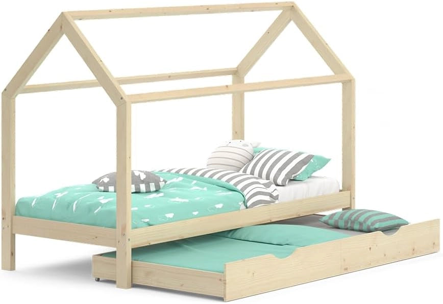 Letto da casa Wiki, Legno naturale, 90x200 cm con letto per ospiti, in legno massello con protezione anticaduta e rete a doghe