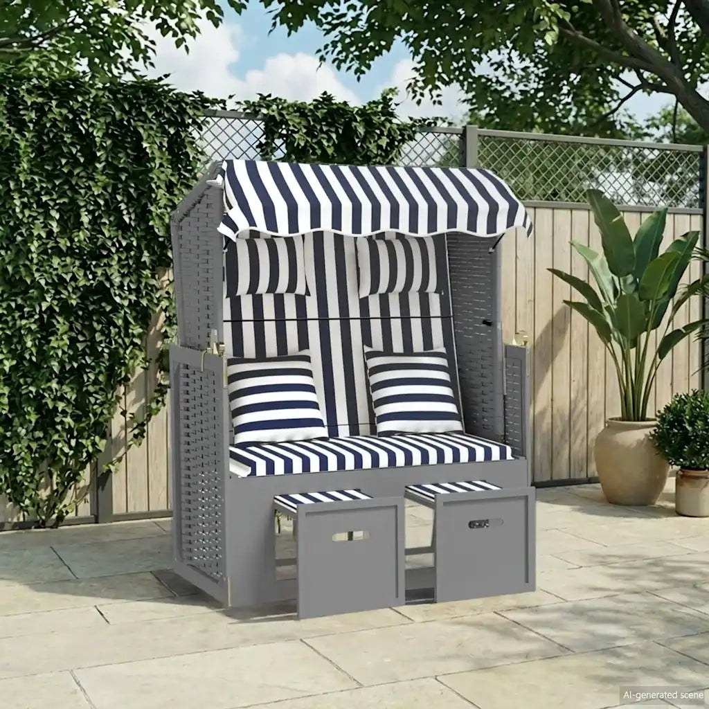 Strandkorb con Cuscini Polyrattan e Legno Massello Blu e Bianco CFW6330340