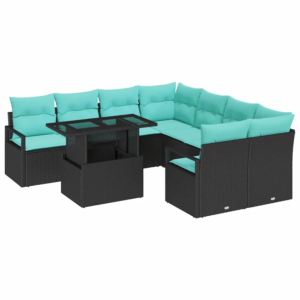 Set Divano da Giardino con cuscino 9 pcs Nero e Blu polyrattan