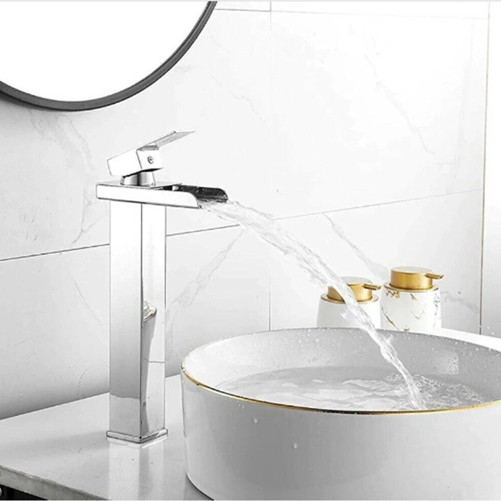Trade Shop - Rubinetto Miscelatore Per Lavabo Bagno A Cascata Con Piletta Acciaio Cromato 87397 -