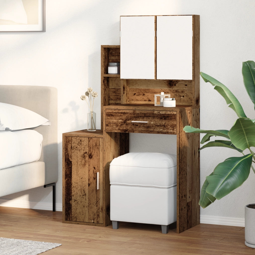 Tavolo da trucco con specchio e luci a LED in legno vecchio e legno ingegnerizzato