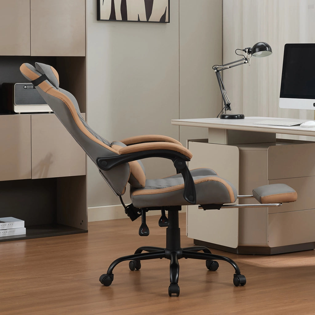 Sedia da ufficio gaming con schienale ergonomico, tasca posteriore e base in metallo, in PVC grigio marrone
