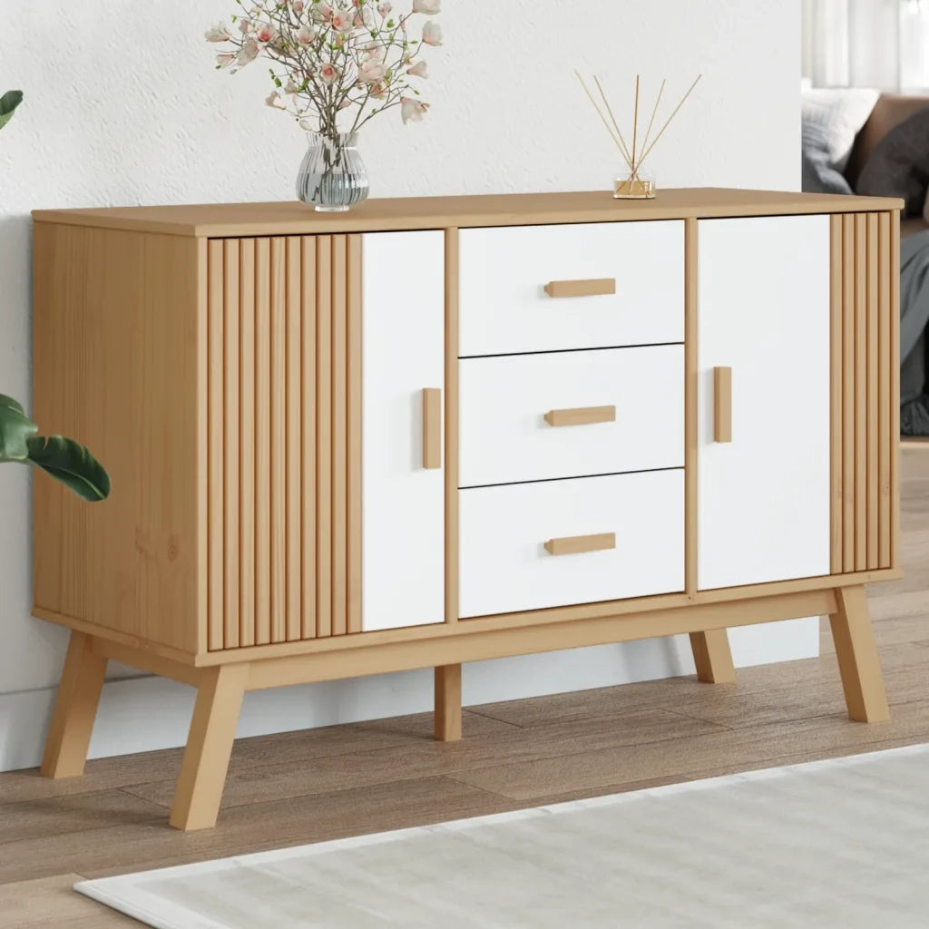 Credenza | Madia | Buffet da pranzo | Armadio da pranzo OLDEN Bianca e Marrone 114x43x73,5 cm Massello di Pino