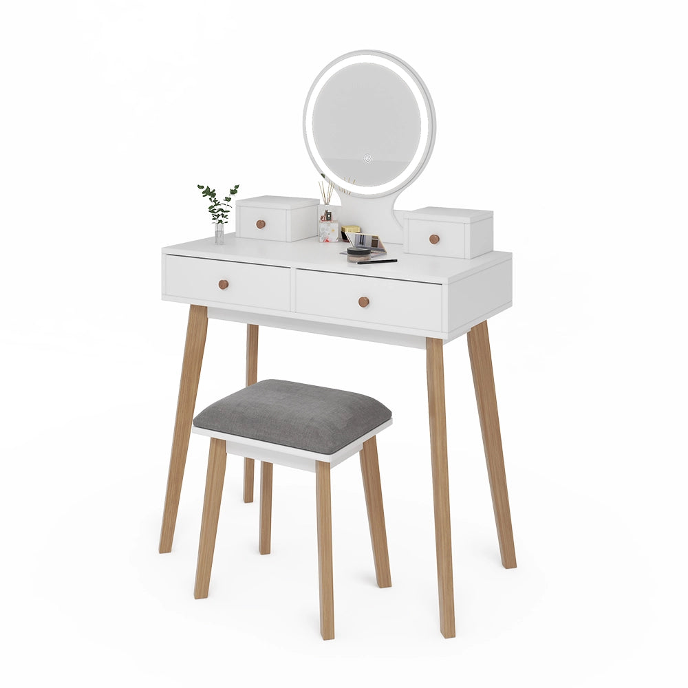 Vicco Tavolo da toeletta Bianco 80 cm con specchio LED e sgabello