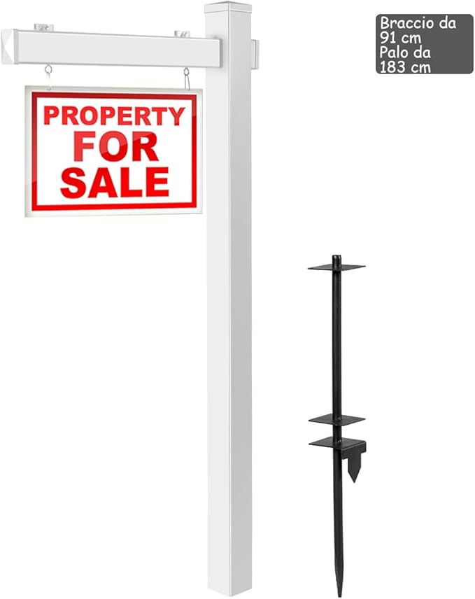 Palo per Cartelli Immobiliari da 183 cm, Palo per Cartelli di Vendita UPVC per Cartelli di Vendita Garage, in Affitto, Vendita Immobiliare, Braccio da 91 cm (Bianco)