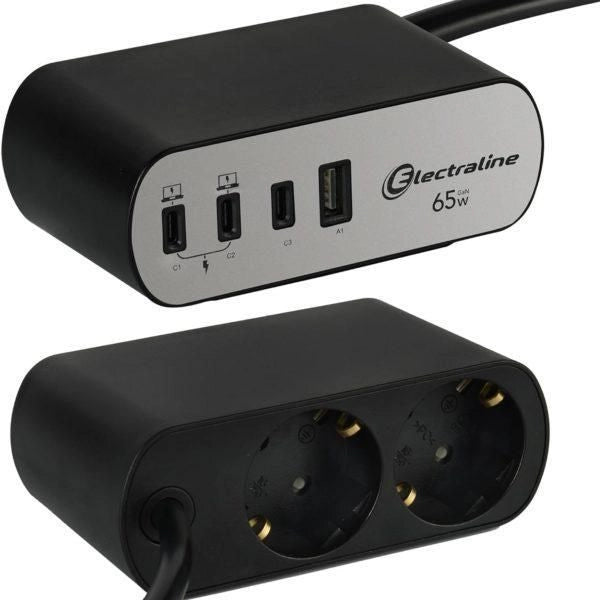 MULTIPRESA SCRIVANIA ELECTRALINE 2 SCHUKO 4 USB PD65W CON STAFFA BLOCCAGGIO
