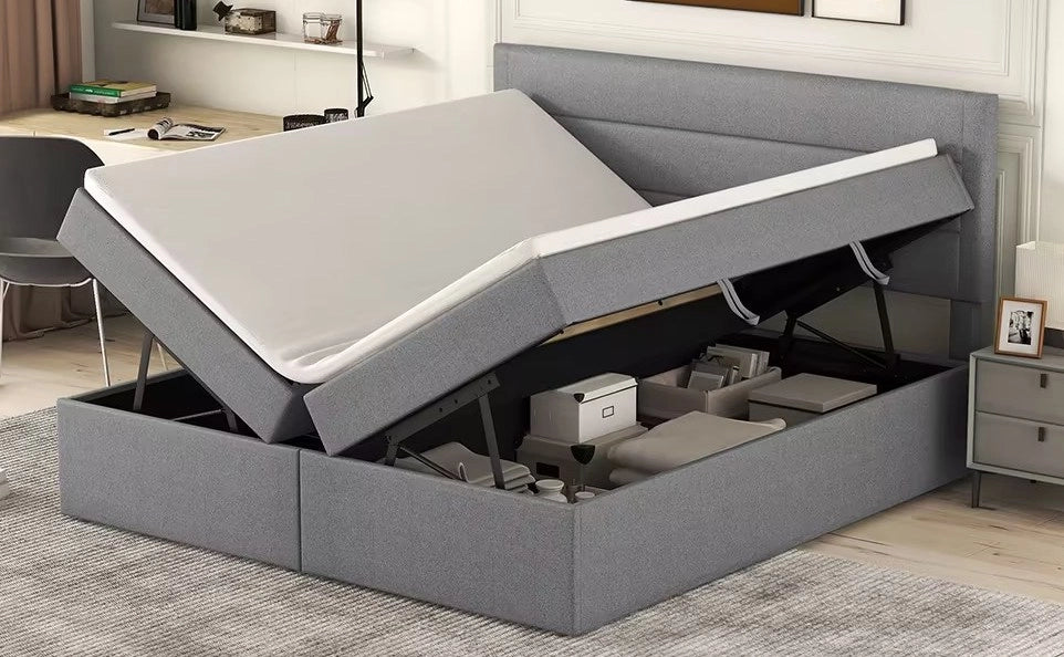 Letto matrimoniale imbottito 140x200 cm con contenitore; struttura in legno e MDF; grigio