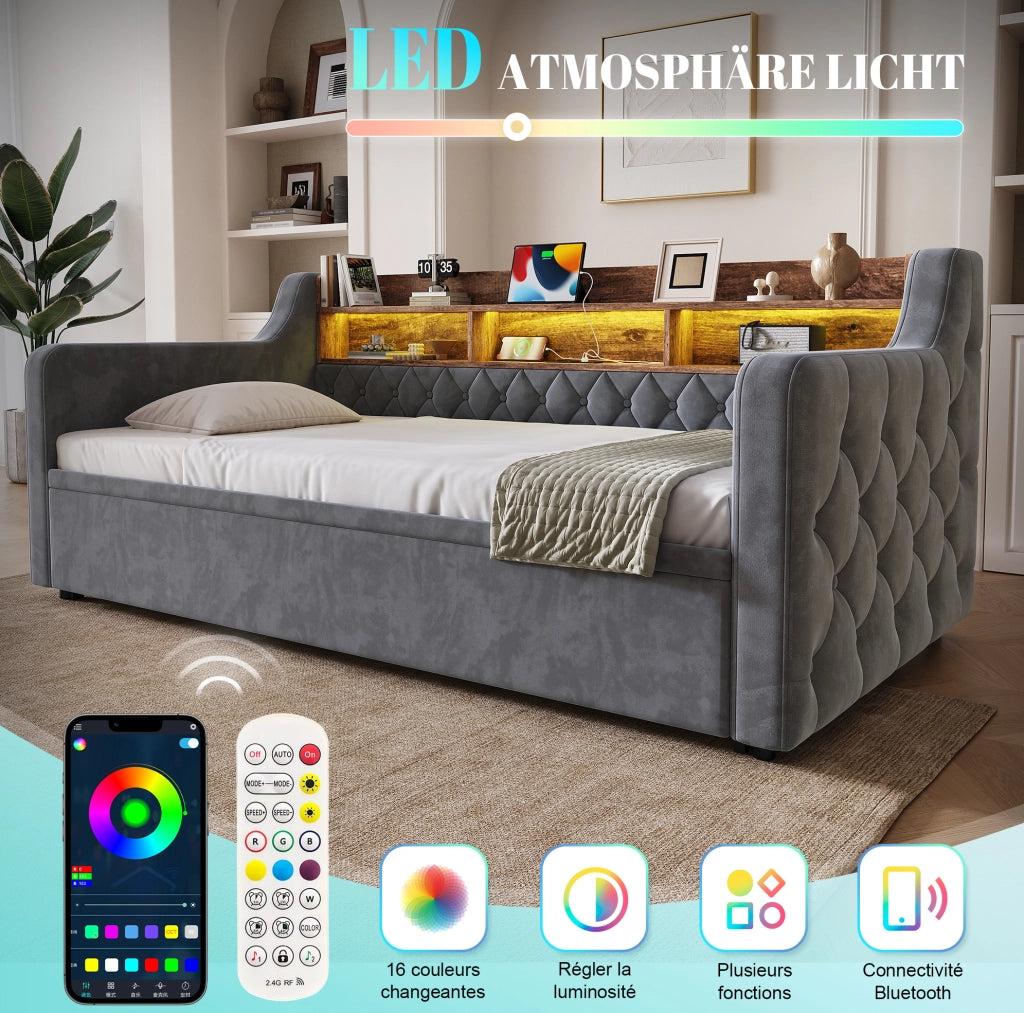 Divano letto estraibile 90x190 cm in velluto grigio scuro