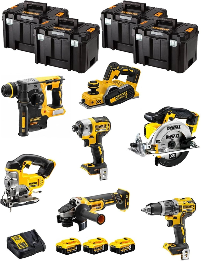 DeWALT Kit DWK700T (DCD796 + DCH273 + DCG405 + DCF887 + DCS331 + DCS391 + DCP580 + 3 Batterie 5,0 Ah + Caricabatterie + 4 x TSTAK VI)