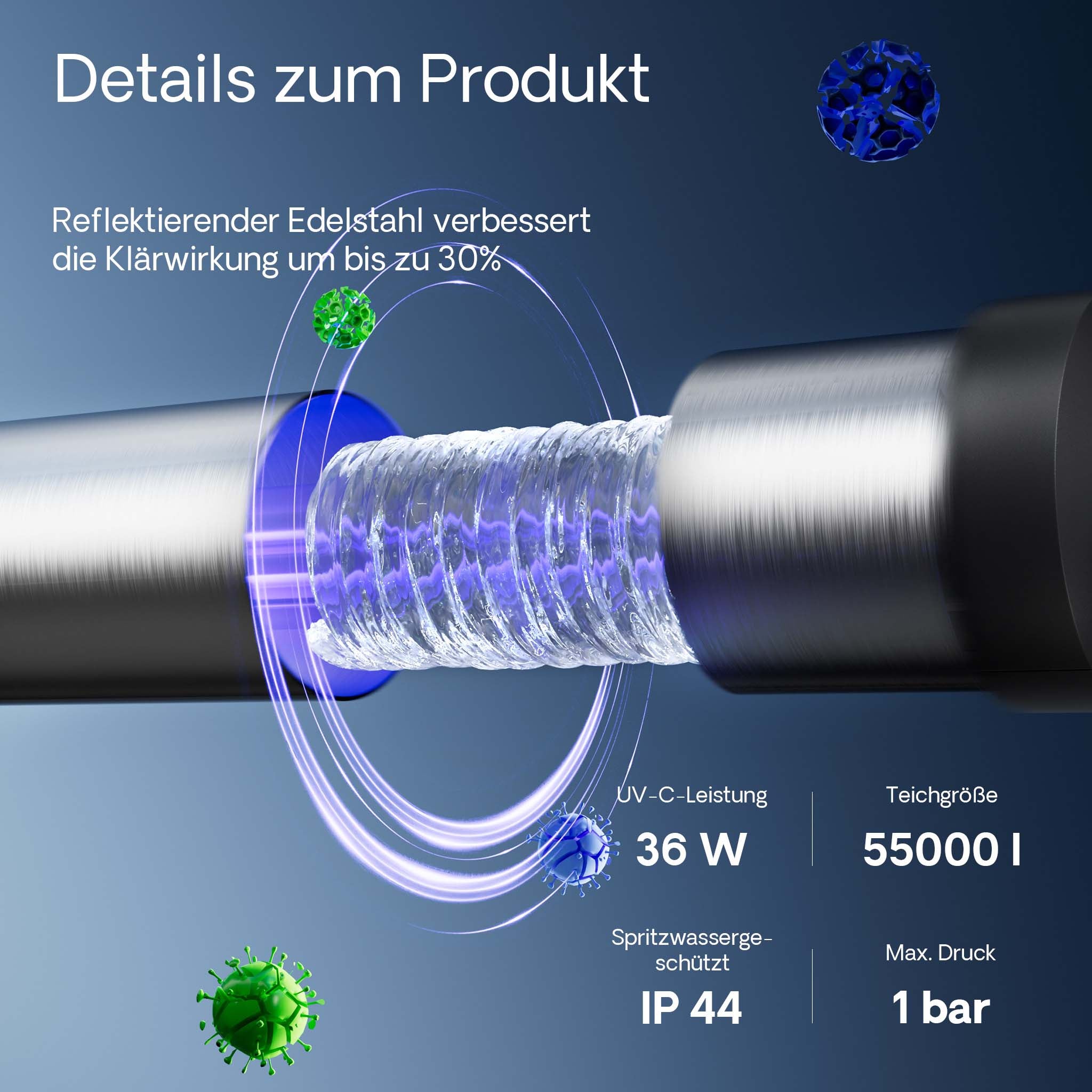 CUV-736 Chiarificatore UV per laghetto, acciaio inox, Sterilizzatore con lampada 36W