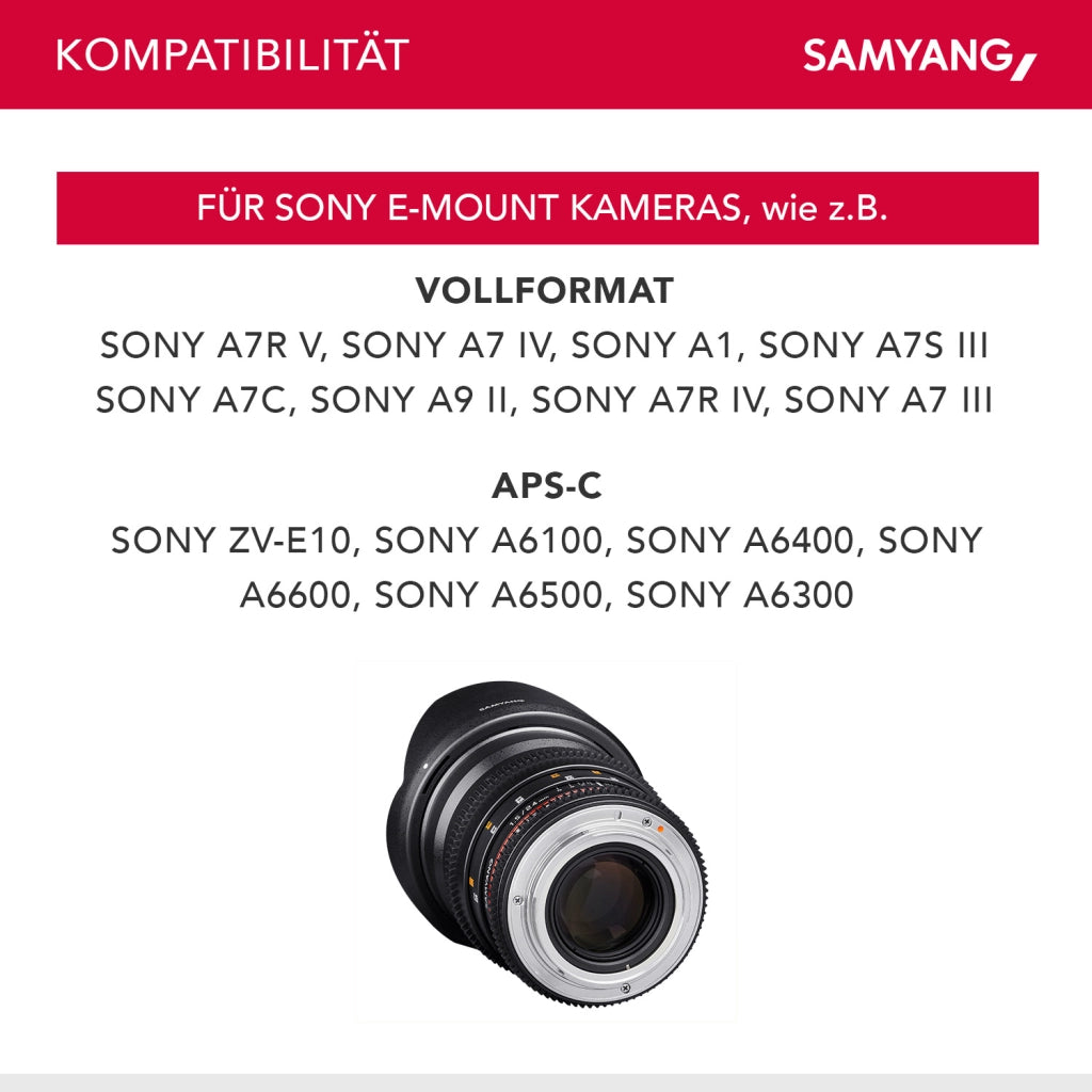 SAMYANG Obiettivo Video DSLR II Sony E 24 mm / T1.5 Obiettivo video a fuoco manuale 0.8 Gear, grandangolo, nero