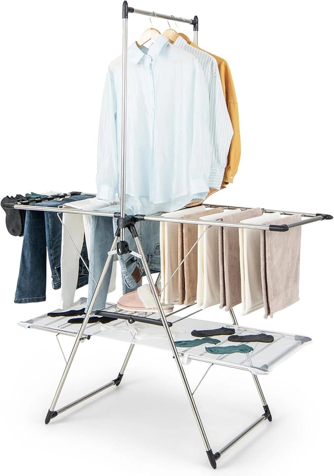Stendibiancheria da Pavimento Pieghevole, Stendino a 2 Piani con Barra per Appendere, Ala Regolabile in Altezza, Clip per Calzini, Gancio per Scarpe, Stendibiancheria per Interno ed Esterno