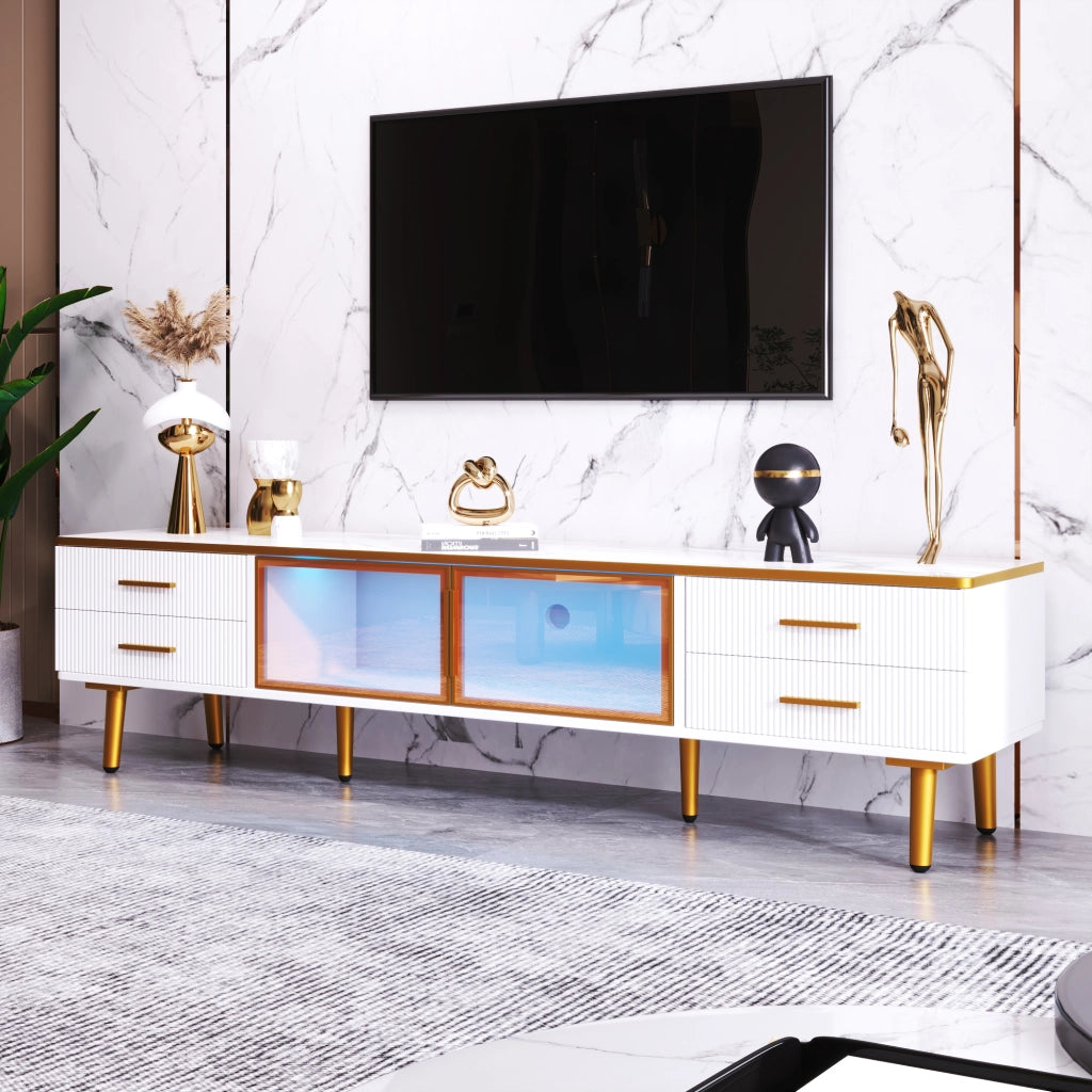 OKWISH Set 2 Pezzi Mobile TV e Tavolino da Salotto, con LED, Cassetti e Ante, Pannello di Particelle Bianco