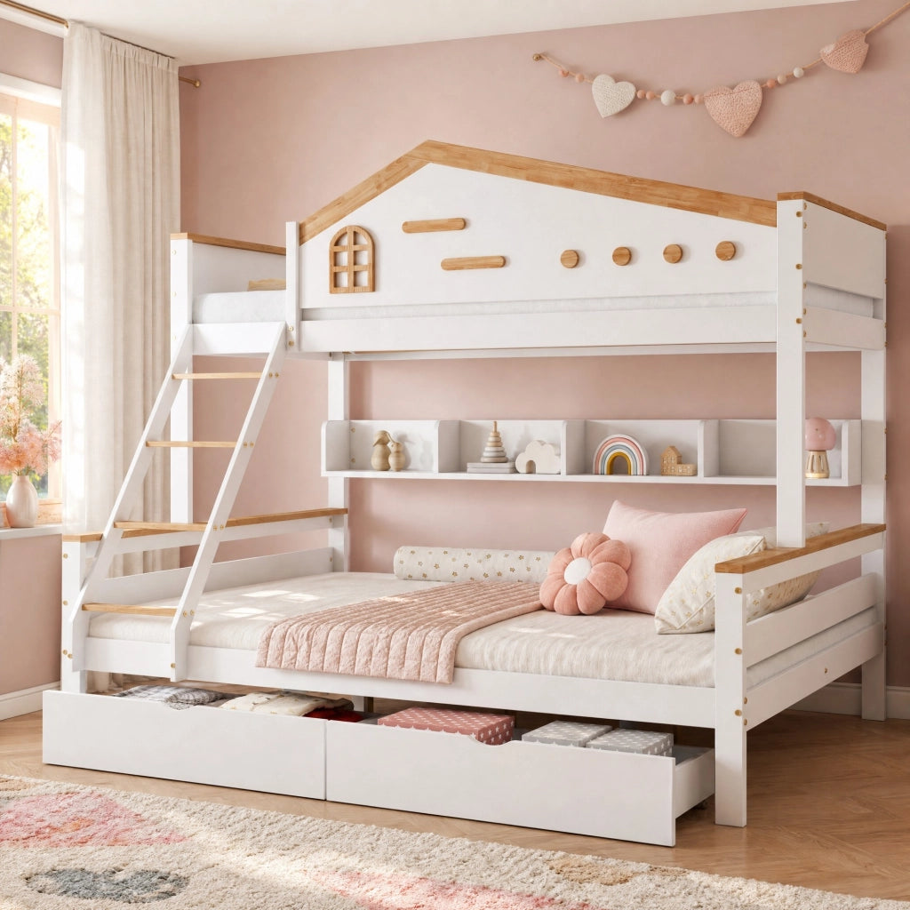LETTO a castello con finestre, 2 cassetti, 205x148,5x167,5 cm, Bianco/Naturale