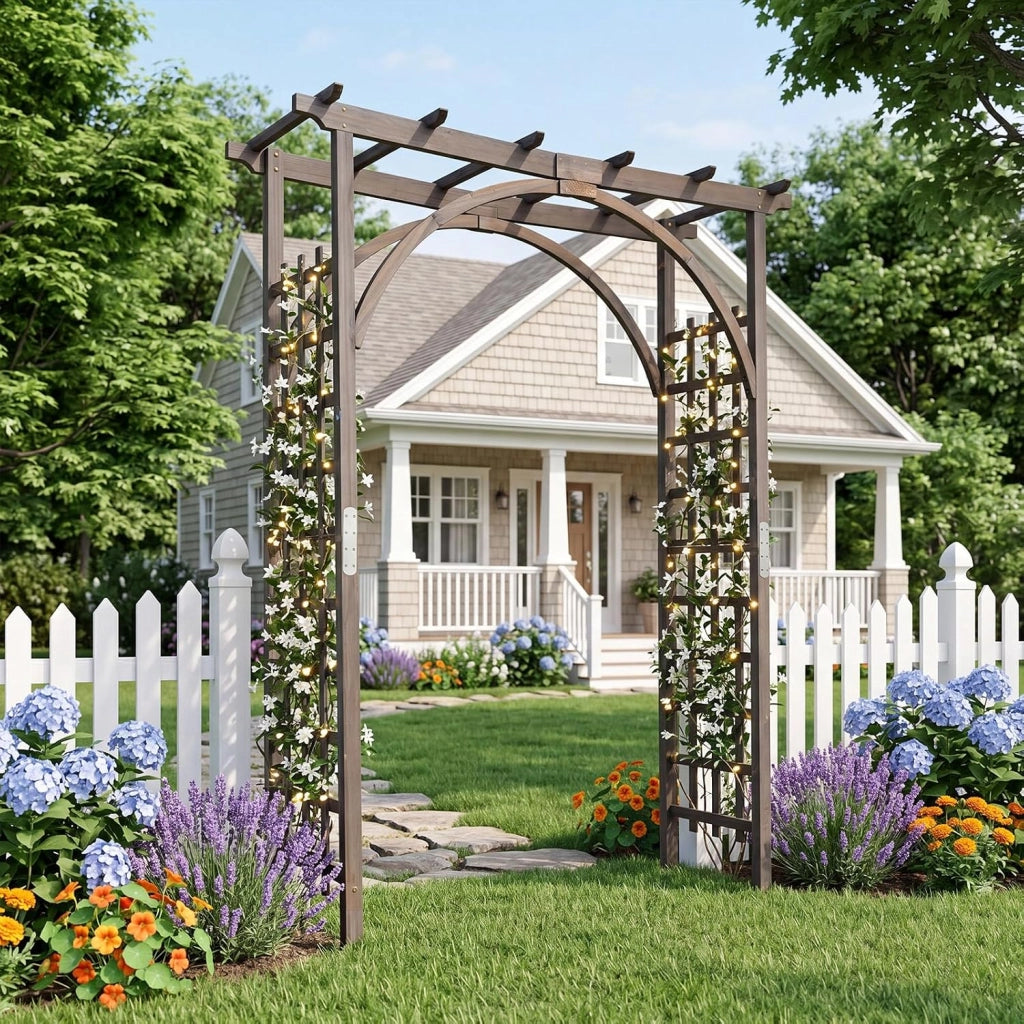 Arco da Giardino, Pergolato per Rampicanti con Tetto Piatto | Pergola in Legno Massello da Ingresso, Viale e Cortile per Matrimonio e Evento, 160 x 60 x 216 cm