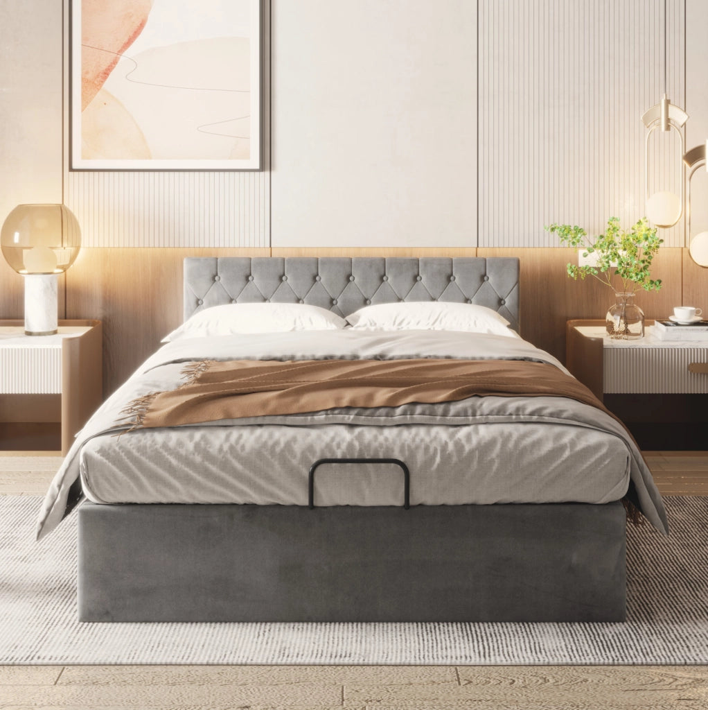 Letto imbottito in velluto grigio 140x200 cm con testiera capitonn茅 e contenitore idraulico